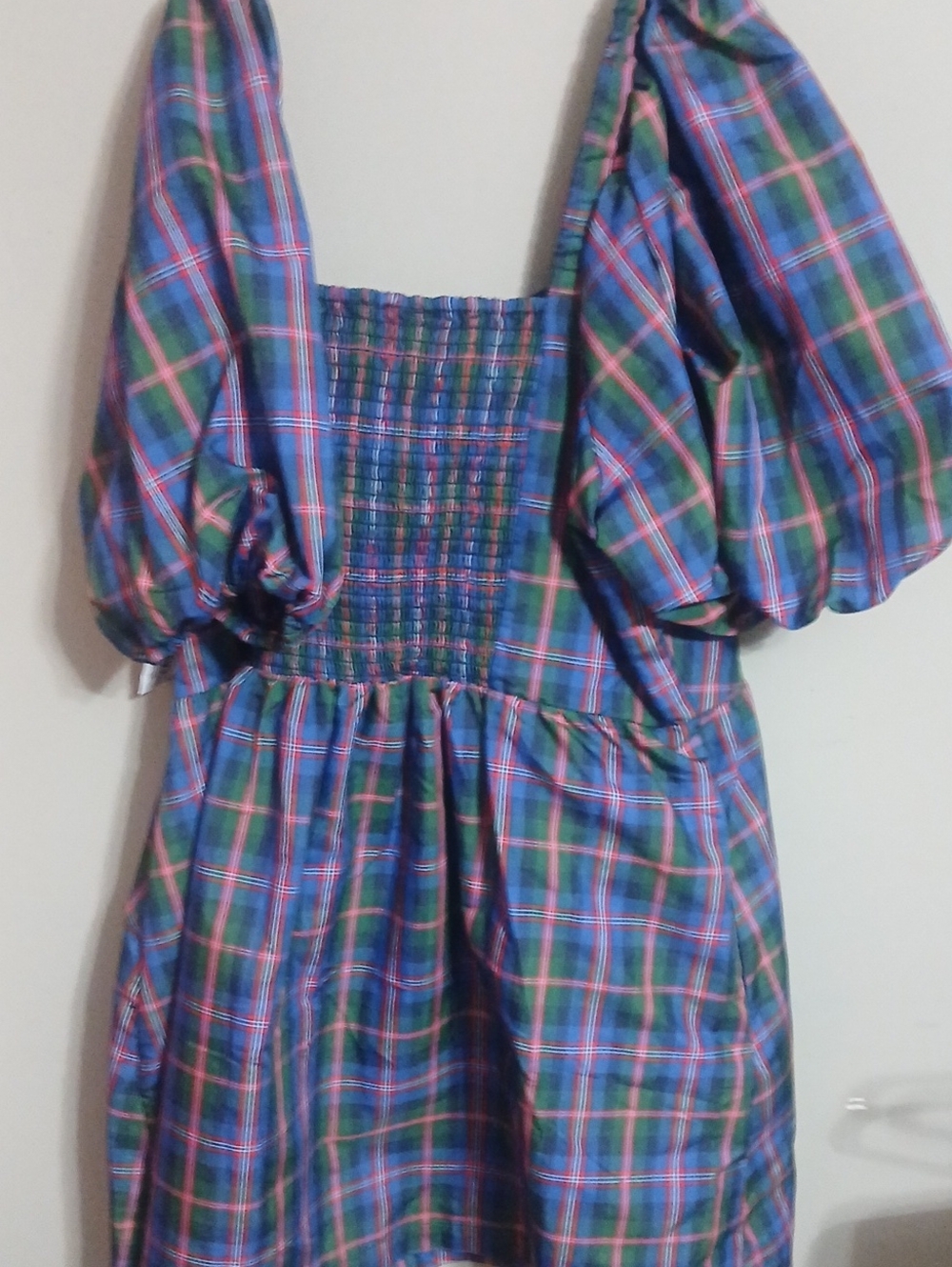 Old Navy Blue and Green Plaid Puff Sleeve Mini Dress - Picture 5 of 7
